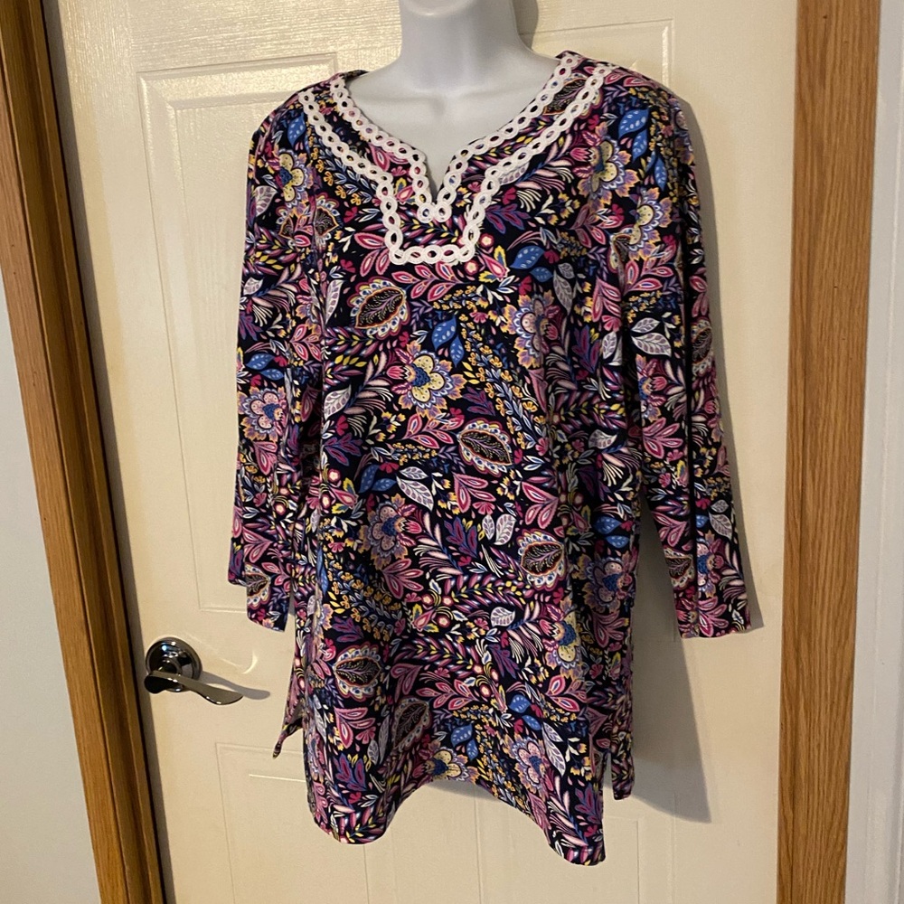 Talbots Boho Lace Trim Floral Paisley Tunic Top Large